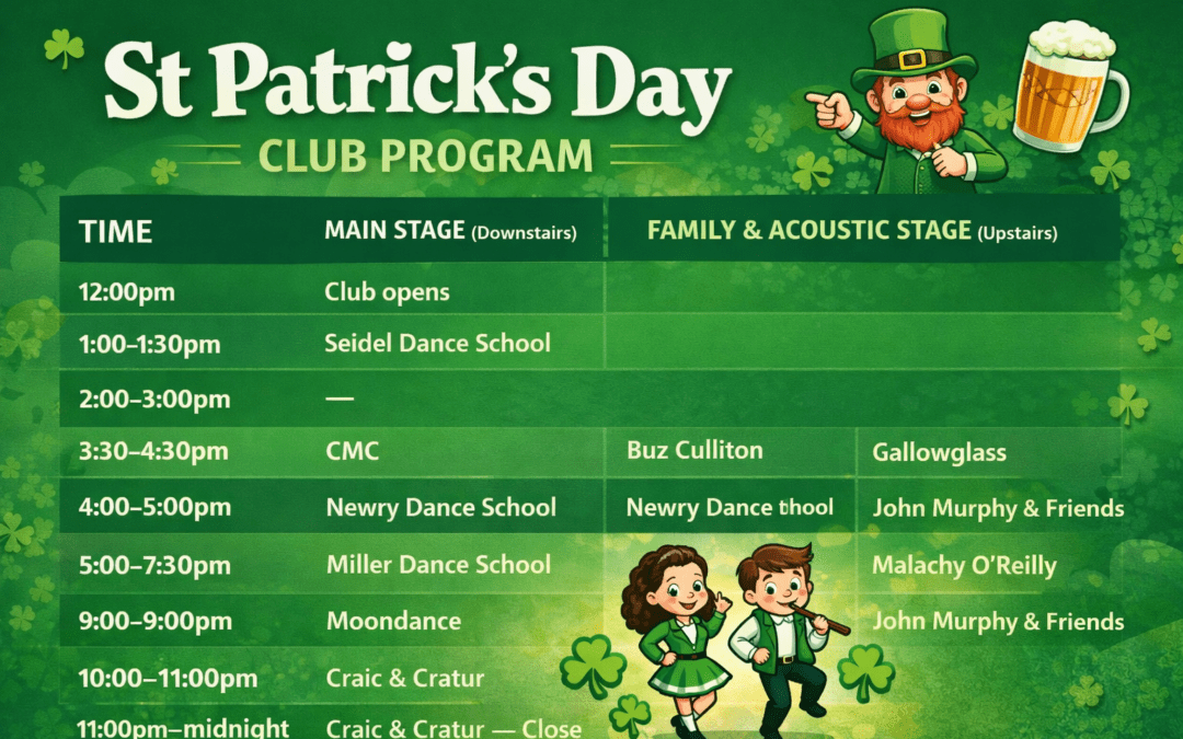 St Patricks Day Celebrations – Tue 17th Mar 2026 (Non-Members $10 Entry)
